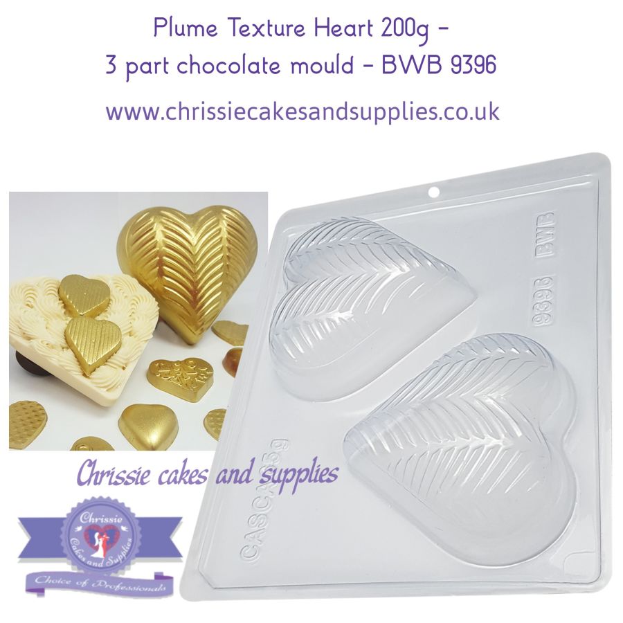 Pluma Feathered Texture Heart 200g - 3 part chocolate mould - BWB 9396