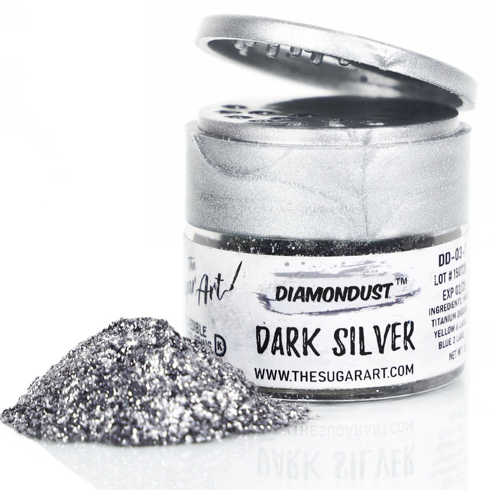 A container of DiamonDust dark silver edible glitter, with some glitter spilled in front of it.