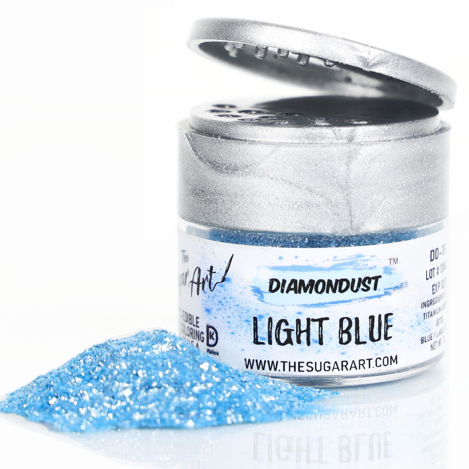 A jar of Light Blue DiamonDust edible glitter the sparkling blue powder inside.