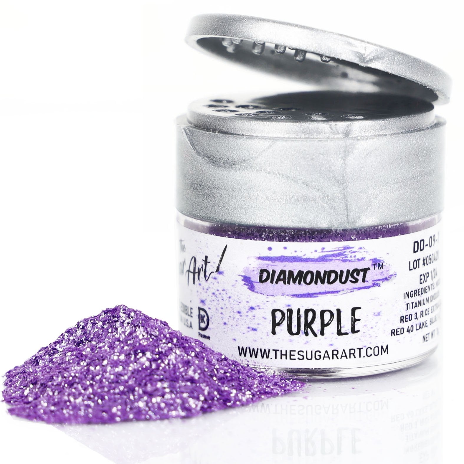 Purple edible diamondust glitter, with some glitter scattered outside the container.