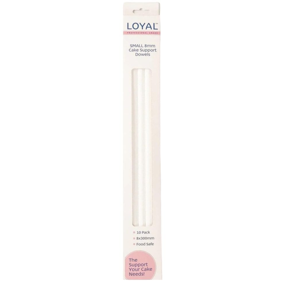 Packaging of Loyal small 8mm cake support dowels on a white background